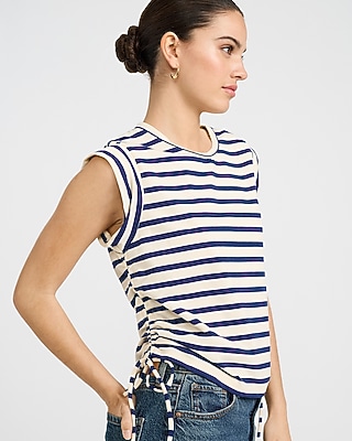 Striped Crew Neck Cap Sleeve Ruched Side Tie Tee - thumbnail 10