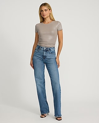 Fitted Ribbed Shine Crew Neck Short Sleeve Tee