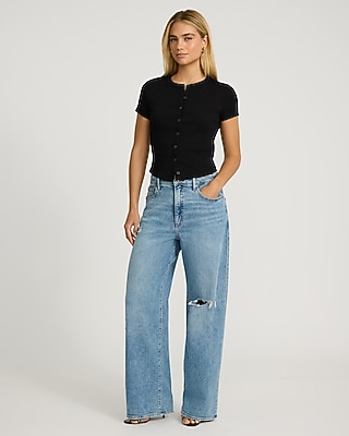Ribbed Button Front Short Sleeve Tee