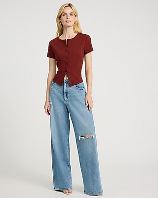 Ribbed Button Front Short Sleeve Tee