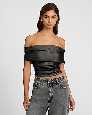 Body Contour Printed Mesh Off The Shoulder Overlay Cropped