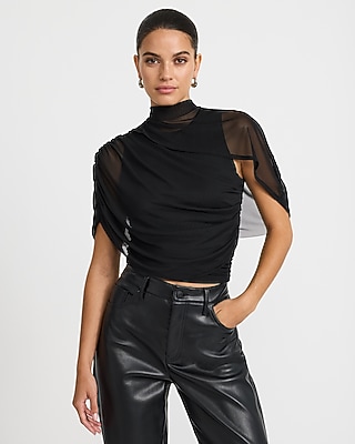 Layered Mesh Mock Neck Draped Top