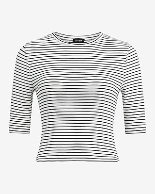 Fitted Ribbed Striped Crew Neck Elbow Sleeve Tee