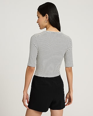 Fitted Ribbed Striped Crew Neck Elbow Sleeve Tee