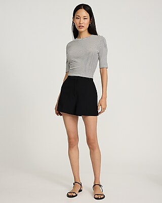 Fitted Ribbed Striped Crew Neck Elbow Sleeve Tee