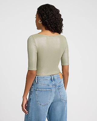 Fitted Ribbed Shine Scoop Neck Elbow Sleeve Tee