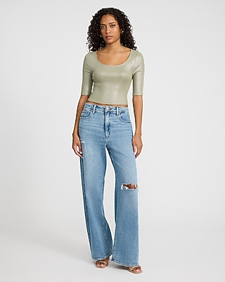Fitted Ribbed Shine Scoop Neck Elbow Sleeve Tee