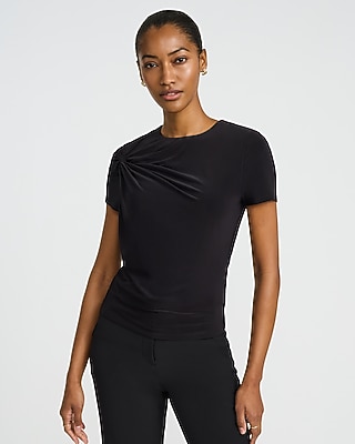 Satin V-neck Elbow Sleeve Twist Front Top | Express