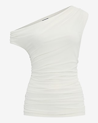 Mesh Asymmetrical Off the Shoulder Ruched Tee