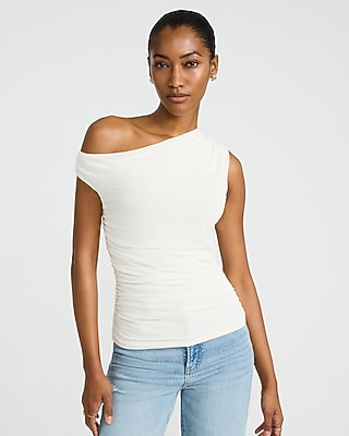 Mesh Asymmetrical Off the Shoulder Ruched Tee