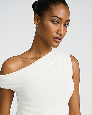 Mesh Asymmetrical Off the Shoulder Ruched Tee