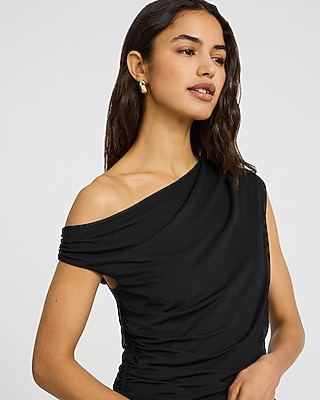 Mesh Asymmetrical Off the Shoulder Ruched Tee