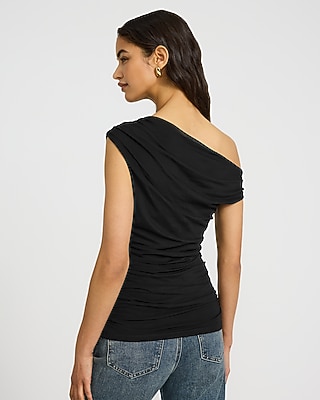 Mesh Asymmetrical Off the Shoulder Ruched Tee