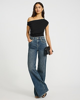 Mesh Asymmetrical Off the Shoulder Ruched Tee