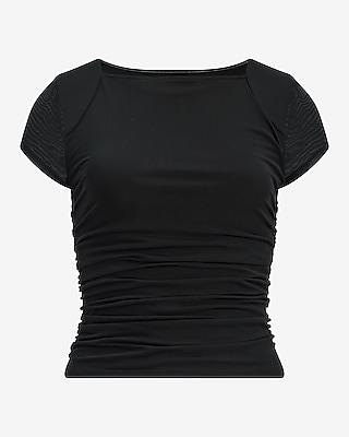 Mesh Cap Sleeve Ruched Tee