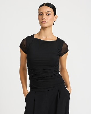Mesh Cap Sleeve Ruched Tee