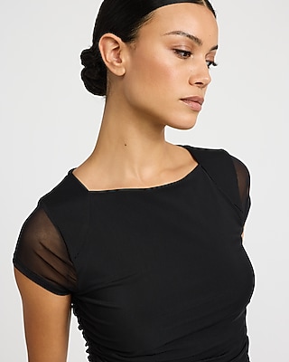 Mesh Cap Sleeve Ruched Tee