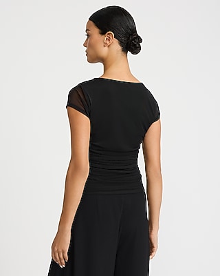 Mesh Cap Sleeve Ruched Tee