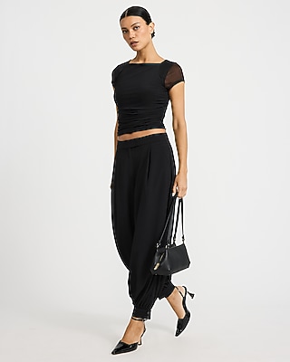 Mesh Cap Sleeve Ruched Tee