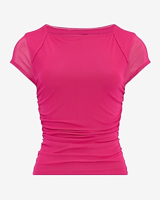 Mesh Cap Sleeve Ruched Tee