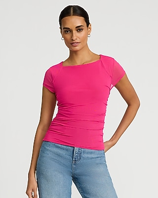 Mesh Cap Sleeve Ruched Tee