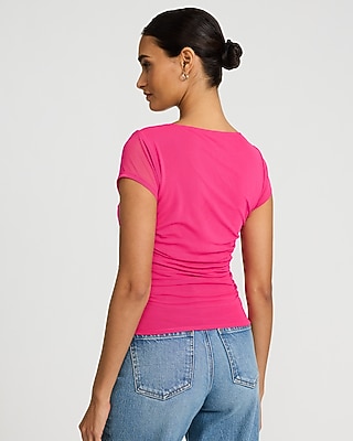 Mesh Cap Sleeve Ruched Tee