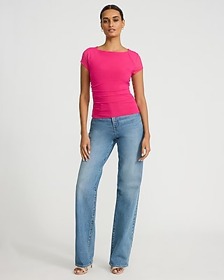 Mesh Cap Sleeve Ruched Tee