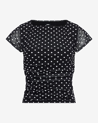 Polka Dot Mesh Cap Sleeve Ruched Tee