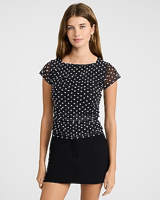 Polka Dot Mesh Cap Sleeve Ruched Tee