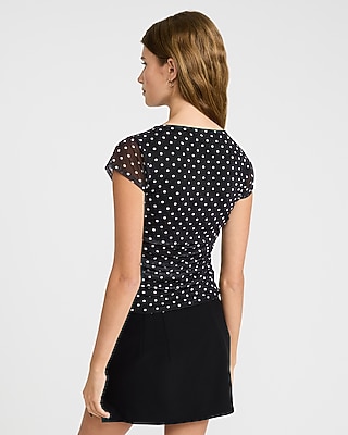 Polka Dot Mesh Cap Sleeve Ruched Tee