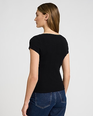 Pointelle Square Neck Short Sleeve Tee - image 3