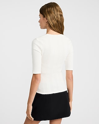 Ribbed Pointelle Sweetheart Elbow Sleeve Tee