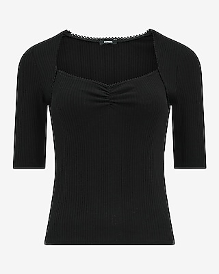 Ribbed Pointelle Sweetheart Elbow Sleeve Tee