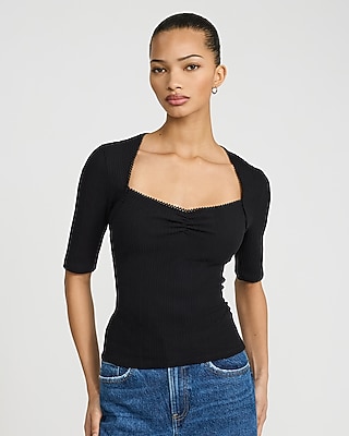 Ribbed Pointelle Sweetheart Elbow Sleeve Tee