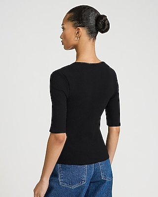 Ribbed Pointelle Sweetheart Elbow Sleeve Tee