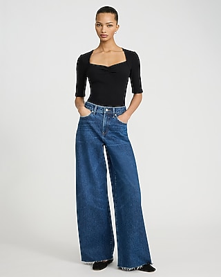 Ribbed Pointelle Sweetheart Elbow Sleeve Tee