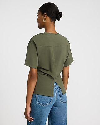 Stretch Cotton Short Sleeve Ruched Waist Tee in White - image 2