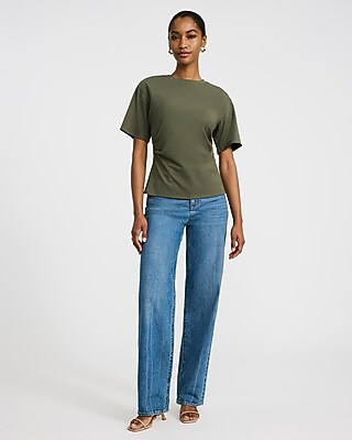 Stretch Cotton Short Sleeve Ruched Waist Tee in White - image 3