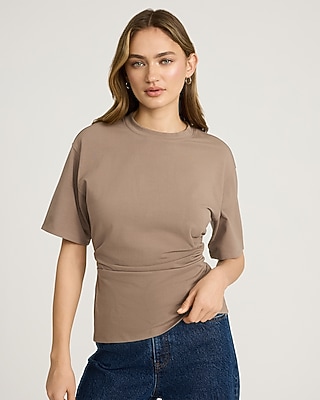 Stretch Cotton Short Sleeve Ruched Waist Tee