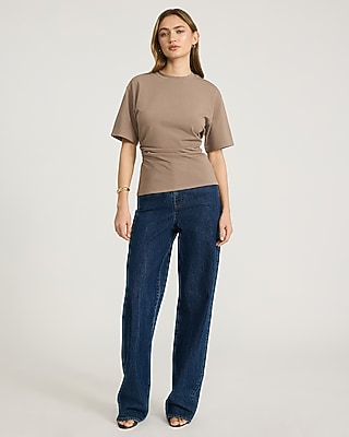 Stretch Cotton Short Sleeve Ruched Waist Tee