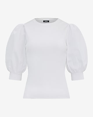 Mixed Media Crew Neck Short Puff Sleeve Tee