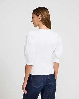 Mixed Media Crew Neck Short Puff Sleeve Tee