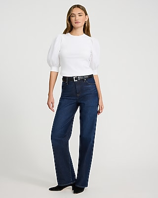 Mixed Media Crew Neck Short Puff Sleeve Tee