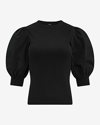 Mixed Media Crew Neck Short Puff Sleeve Tee