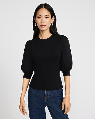 Mixed Media Crew Neck Short Puff Sleeve Tee