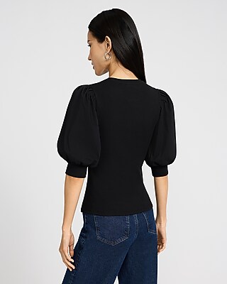 Mixed Media Crew Neck Short Puff Sleeve Tee