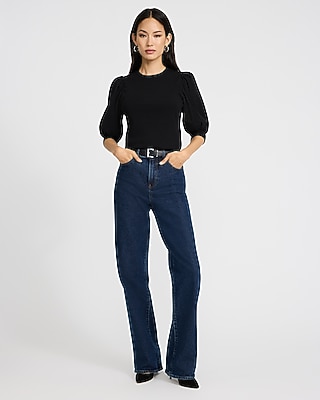 Mixed Media Crew Neck Short Puff Sleeve Tee