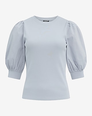 Mixed Media Crew Neck Short Puff Sleeve Tee