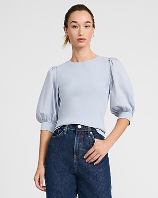 Mixed Media Crew Neck Short Puff Sleeve Tee