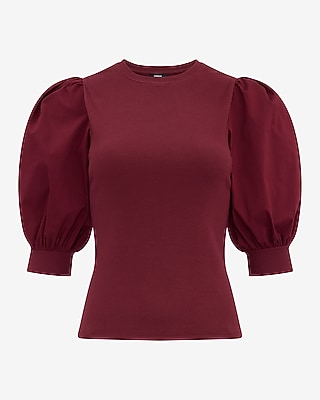 Ribbed Crew Neck Short Puff Sleeve Tee